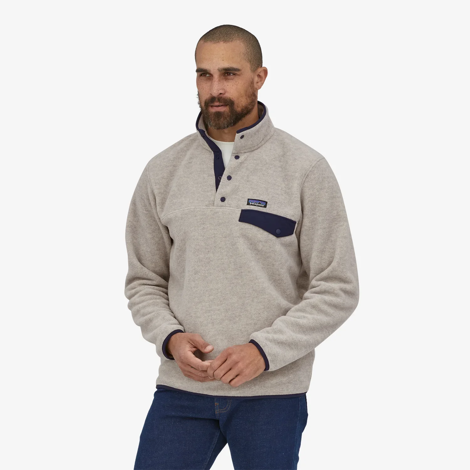 Men's Lightweight Synchilla® Snap-T® Fleece Pullover - Oatmeal Heather/Smoulder Blue - Image 2