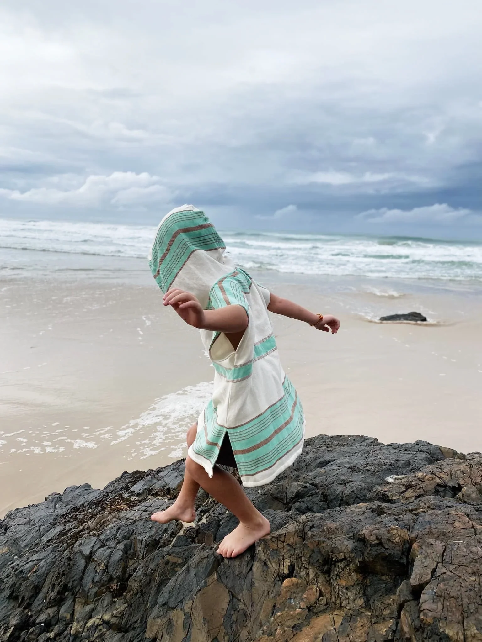 Salty Shadows Kids Aqua Stripe Turkish Towel Poncho - Image 4